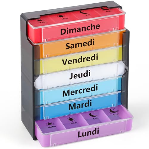 Opret Pilulier Semainier 7 Jours Matin Midi Soir et Nuit 28 Compartiments | Petits, Empilables Tour à Médicaments, 7 Jours 4 Fois, Pilulier Voyage, pour Vitamines Suppléments Pilules, Noir