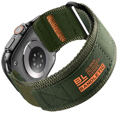 Bandletic R-nylon kompatibelt med Apple Watch-armband – 46 mm, 45 mm, 44 mm, 49 mm, 42 mm, kardborreband, robusta sportloop-armband för iWatch Series 10 9 Ultra Ultra 2 SE 8 7 6 5 4 3 2 1, för män och