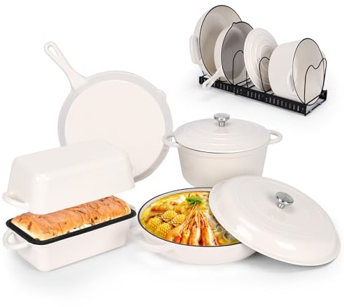 QuliMetal Enameled Cast Iron Cookware Set, 5-Piece – 2.3QT Dutch Oven, 4.7QT Braiser, 10 Skillet, 9x5 Oval Bread Pan & Rack – Versatile Oven-Safe Enamel Cast Iron Pots and Pans for Home Cooking