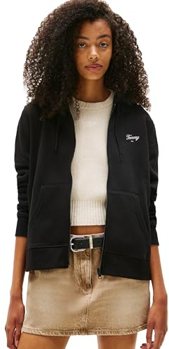Tommy Jeans Damen-Kapuzenpullover mit Reißverschluss, mittelschwer, Script-Logo und Kordelzug, Schwarz, XL