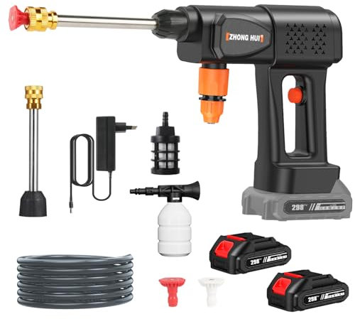 Hidrolimpiadora de Batería 21V 36Bar, Hidrolimpiadora de Alta Presion con Bateríe de 6000 mAh, Manguera de 5M, Jarra de Espuma, Pistola Eléctrica Portátil, para Limpiar Suelos (con 2 Batería)