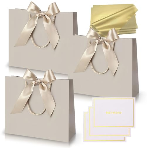 3 piezas Bolsas Regalo Champán Dorado,Bolsa de Papel Cumpleaños Medianas con Asa,3 Lazo 3 Tarjeta Felicitación y 6 Pañuelos,Embalaje de Regalo para Cumpleaños,Fiestas,Bodas,Baby Showers,Celebración