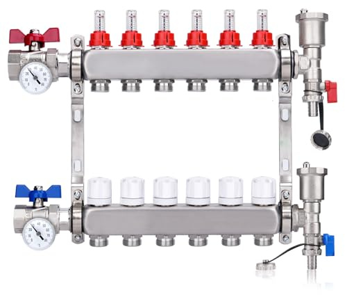 6 Heizkreise Heizkreisverteiler mit 1 Kugelhähne & Thermometer Edelstahl | Anschlüsse für Eurokonus 3/4 | 30x1,5 mm, Fußbodenheizung mit Manueller Entlüfter & Flussmesser Durchflussmesser, HKV Verteil
