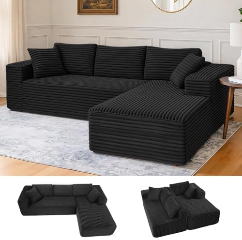 COMHOMA 105 ” modulares Sofa mit tiefer Sitzfläche, L-förmige Couch mit Breiten Armlehnen, Cordstoff, hochdichter Schaumstoff, Chaiselongue für das Wohnzimmer, kein Zusammenbau erforderlich, schwarz