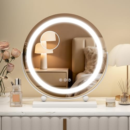 Kwanner Hollywood Schminkspiegel mit LED-Beleuchtung 40cm, 360° Drehbar Makeup Spiegel mit Beleuchtung, Beleuchteter Schminkspiegel mit dimmbarem LED-Licht in 3 Modi, (Weiß, 40cm)