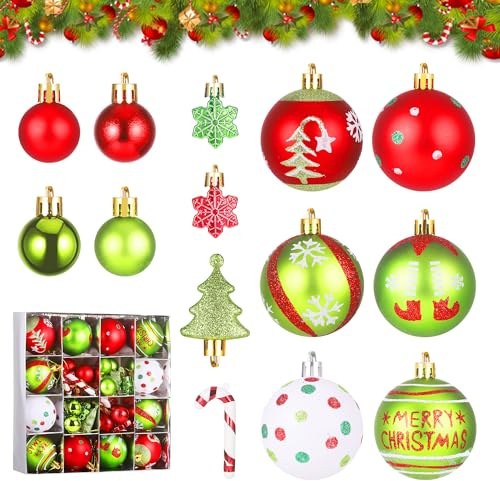 Zourglow 46 Stück Grinch Weihnachtskugeln, 3-7cm Kunststoff Christbaumkugeln mit Süßigkeit Weihnachtsbaum Schneeflocken Ornamente, Bruchsicher Mehrweg, Rot Weiß Grün Christbaumschmuck für Innen Außen