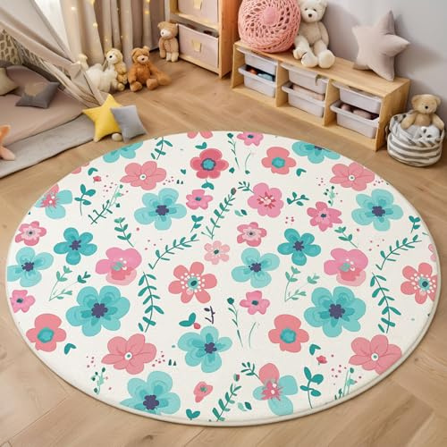 MIATCENRT Caricatura Alfombra Redonda 160cm, Antideslizante Lavables Alfombras Redondas Lindo Floral, Salon Habitacion Pie de Cama Salón Comedor Pelo Corto Tapetes, Turquesa