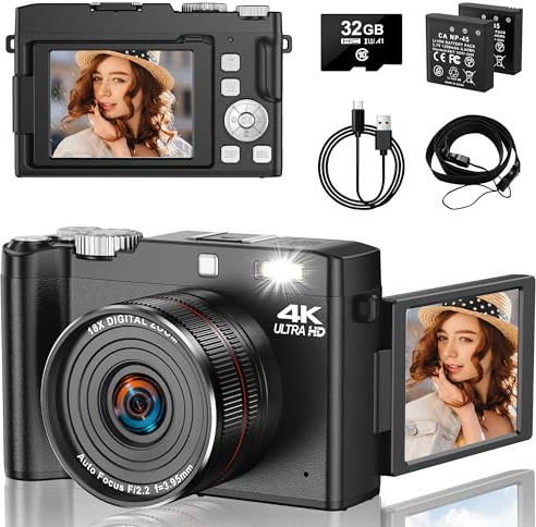4K Digital Camera, 64MP UHD Compact Cameras - 2.8 Inch 180 Degree Auto Focus Rechargeable Vlogging Camera with 32GB Card & 2 Batteries, 18X Digital Zoom for Children Beginners Teenagers