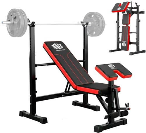 ManiBoom Banco de Musculación PLEGABLE y AJUSTABLE – Banco de Pesas Multifuncional con Soporte para Barra, Carga Máxima 300 kg y Banco de Abdominales Estable para Entrenar en Casa