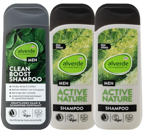 alverde Men Naturkosmetik 3er-Set Haarpflege: Shampoo Anti-Schuppen Clean Boost Reinigung mit Coffein & Keratin für schuppenfreies Haar, 200 ml + Active Nature Shampoo mit Hopfen, 2 x 200 ml, (600 ml)