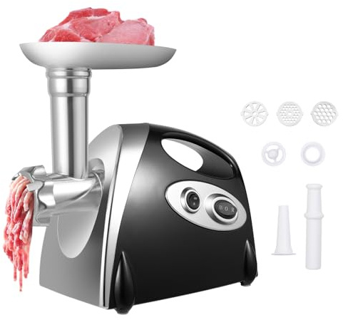 LKHDONG Tritacarne elettrico da 800 W, con 3 piastre e tubi di riempimento per salsicce, tritacarne elettrico, nero