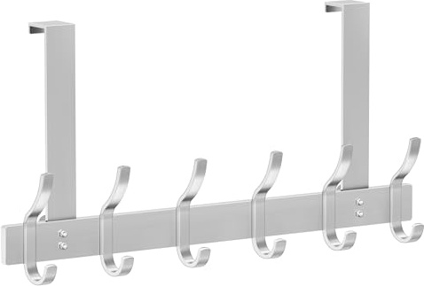 MEIJO Türgarderobe zum Einhängen Edelstahl, Türhakenleiste Silber mit 6 Haken, Türhaken zum Einhängen Kleiderhaken tür Einhängen mit Stabilem Saugnapf für Garderobe tür Badezimmer Küche Zimmertür