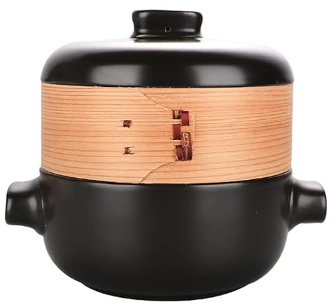 Japanischer Auflauftopf mit Bambus-Dampfkorb, Suppeneintopf for Kochen, Tontopf, Eintopfpfanne, sogar erhitzender Keramik-Auflauf-Tontopf(Black,500ml)