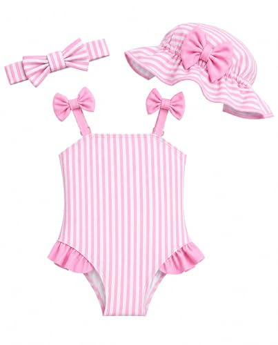 DivingBirds Costume da Bagno per Bambina con Cappello da Sole e Fascia, Costume da Bagno a Pezzo Unico per Neonata, Regalo Estivo da Spiaggia, A righe rosa., 6 mesi