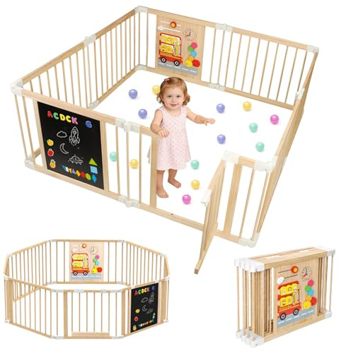 SPYLAVE Laufstall Baby Holz, Faltbares XL Laufgitter mit Tür, Verstellbare Groß & Form, Montessori Aktivitätsspielzeug, Schneller Aufbau, Sicherer Spielbereich für Babys und Kleinkinder (1–3 Jahre)