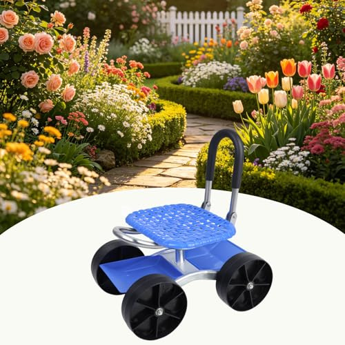 SaftSpzre Gartenhocker mit Rollen–360° Rollsitz höhenverstellbar mit Ablage | 360° drehbar & höhenverstellbar – Arbeitssitz mit Ablagefläche, Tragkraft 150 kg, Gartensitz für Gartenarbeit Garage