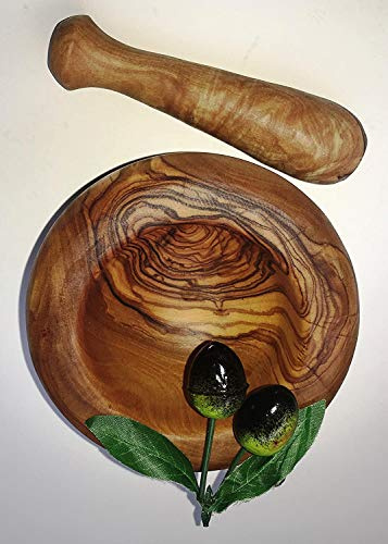 Juego de mortero y pilón (Elli, madera maciza de olivo, 14 cm, mágico vetas, mano de Creta