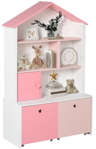 HOMCOM Kinderregal mit Rollen Standregal Bücherregal Dekoregal mit 4 Fächer Rosa 80 x 34 x 130 cm