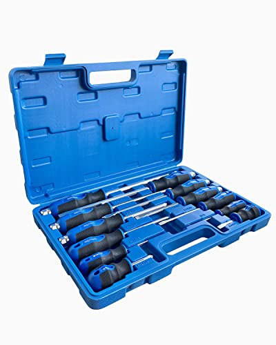 ROTATION Magnet Schraubendreher Set 12-teilig, Kreuzschlitz Schlitz | Nickelchrom Spitzen, teils Go-Thru, CR-V Stahl HRC56, magnetisch, Griff ergonomisch, Koffer. Für Haus, Werkstatt, Auto.