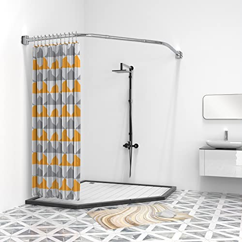 Misounda Duschvorhangstange Trapezförmig, Duschstange Ecke für Duschvorhang, 70x(65-90) x70 cm Edelstahl Duschvorhang Halterung mit Edelstahl Ringe, für Badewanne Ecke Badezimmer und Umkleidekabine