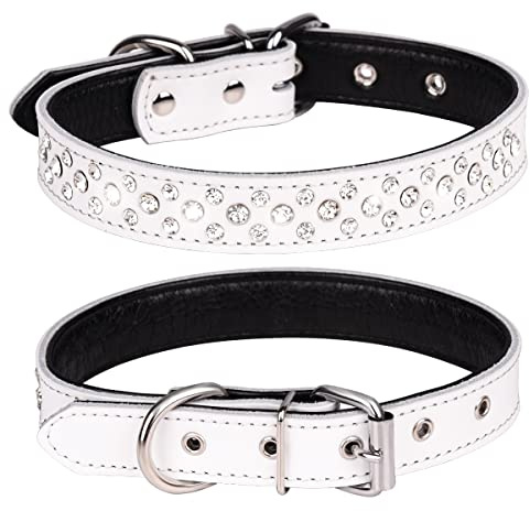 Haoyueer Hundehalsband mit Strasssteinen, verstellbar, glitzernde Kristallnieten, echtes Leder, Haustier-Hundehalsband für kleine und mittelgroße Hunde (L, Weiß)