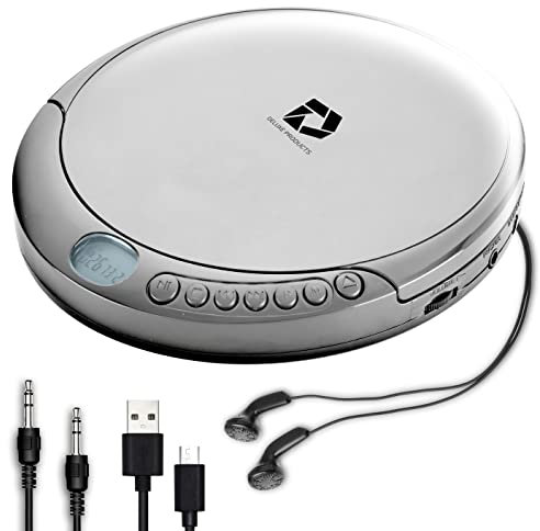 Deluxe Products CD Player Portable with 60 Second Anti Skip, Stereo Earbuds, Includes Aux in Cable and AC USB Power Cable for use at Home or in Car. Silver