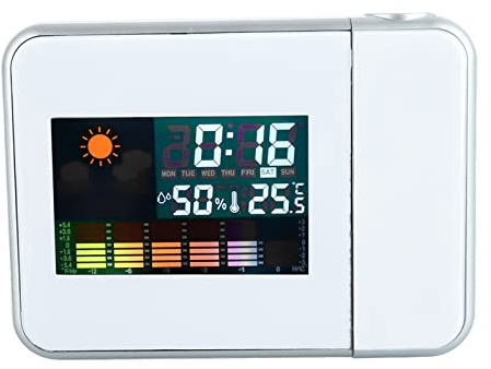 Projektionswecker für Schlafzimmer, Digitaluhr mit Innenthermometer-Hygrometer, 180° Drehbarer Projektor, USB-Ladegerät, Nachttisch-Weckerprojektor