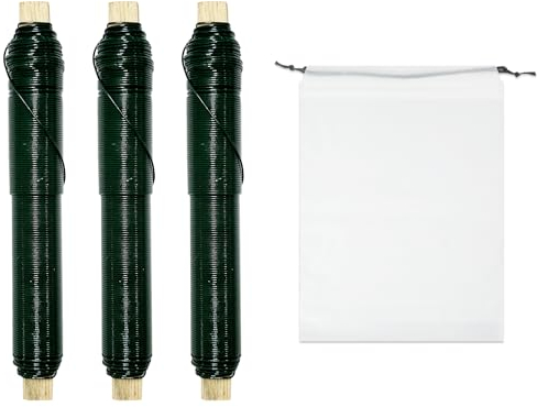 MEMOFYND 3 Stück Grüner Wickeldraht Mit 1 Stück Aufbewahrungstasche, Bastelbindedraht, Garten-Metallwickeldraht, Blumenladen-Bindedraht, Pflanzenblumen-Bindedraht (38 M)