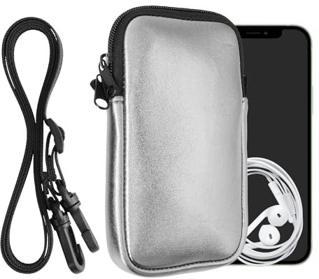kwmobile Handytasche für Smartphones L - 6,5 - Neopren Handy Hülle Metallic Grau mit Kordel - Handy Tasche mit Handykette 16,5 x 8,9 cm Innenmaße