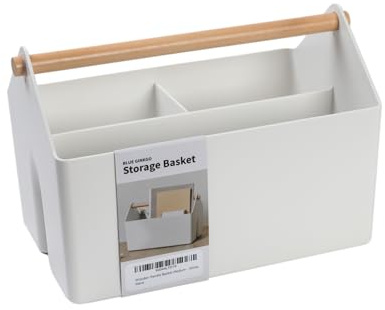 BLUE GINKGO Mittelgroße Aufbewahrungskiste – Kunststoff-Caddy mit Holzgriff für Büro, Bastelbedarf oder Haushaltsartikel (Weiß)