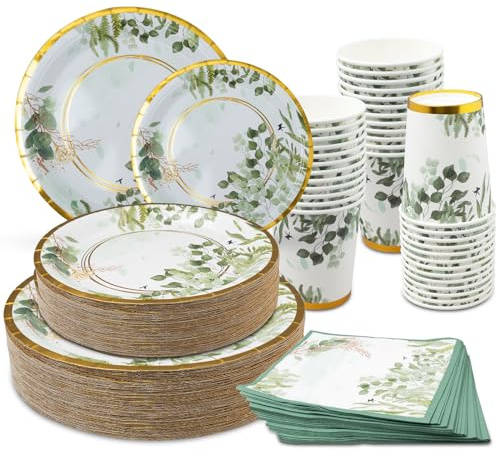 200Pcs Sage Green Paper Plates, Birthday Party Dinnerware, Disposable Tableware Include 9'' Dinner, 7'' Side Plates, Cups and Napkins for Wedding, Engagement, Baby Shower - 50 Guests