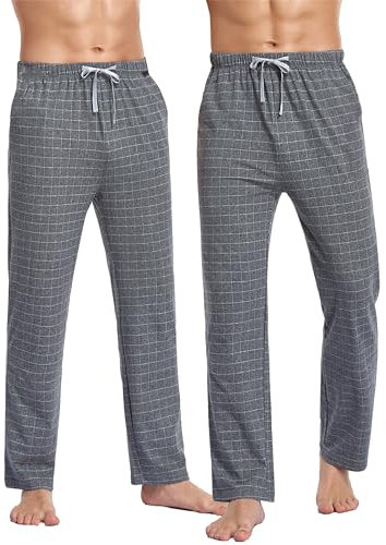 COLORFULLEAF Schlafanzughose Herren Lang mit Tasche Relaxed Fit Pyjamahose für Männer Freizeithose Schlafhose 1/2er Pack(Graues Plaid*2L)