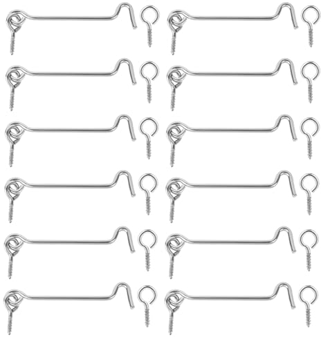 Mozeat Lens 12 Stück Sturmhaken 7,4 cmTortürhaken und Ösenriegel Klein Kabinenhaken drehbarer Fensterriegel Verschlusshaken mit Befestigungsschrauben für Türen Fenster (Silber)
