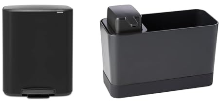 Brabantia Poubelle à pédale de recyclage, acier, noir mat, grande (2 x 30 l) & Kit pour Organiser Son Espace évier, Organiseur et Distributeur de Savon - Dark Grey