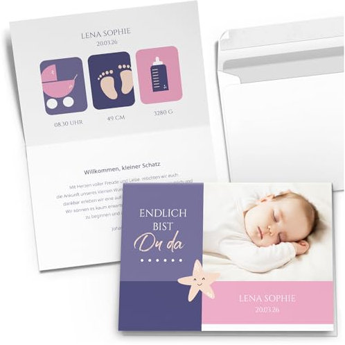 Einladungskarten Manufaktur Hamburg 10 Geburtskarten mit Foto PERSONALISIERT Seestern lila rosa Mädchen Babykarten Geburt individuell Dankeskarten mit Umschlägen