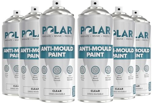 Polar Anti Mould Spray Paint Clear - 6 x 400ml | Invisible Mould Resistant Paint for Internal Bathroom, Kitchen Walls & Ceilings | Long Lasting Protection for Indoor Use | Easy To Apply | Anti Mould Spray Paint, Interior Walls and Ceilings, Brick, Concrete, Plaster and Cement, Bathrooms and Kitchens, Matt Finish