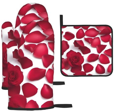 Lot de 3 gants de cuisson, gants de cuisine et maniques imprimés pétales de rose rouge