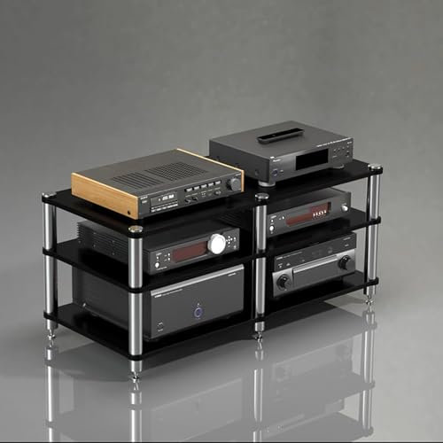 GUAWJRZDP Rack Audio Multilivello, Rack Hi Fi in Legno Con Colonne in Acciaio Inossidabile, Mobile Stereo Hi Fi Rack Hi Fi, Cabinet Audio Hi Ficon Punte Ammortizzanti, for Ufficio Domestico(Black,3-ti