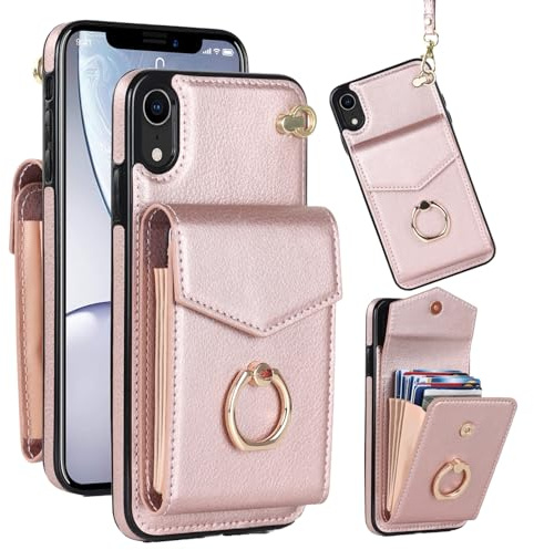 Knoowcase for iPhone X Case iPhone XS Phone Case Shockproof Wallet with Card Holder Slots Ring Wrist Strap PU Leather Shell RFID Blocking Kickstand Magnet Full Protective Cover, Rosegold