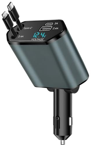 66W 4 In1 Retractable Car Charger with Dual USB 5V/2.4A Tyce-C 5V/3A In Car Phone Charger with Voltage Display for iPhone 16 15 14 13 12 11 Pro max Galaxy Car Fast Charge Adapter for 12V/24V Vehicles
