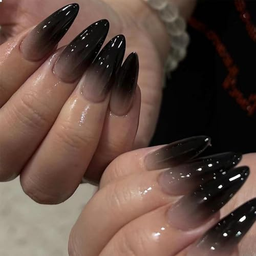 GlamRays 24 Stücke Schwarze Press On Nails Mittel Almond Gotische Falsche Nägel Schwarz Ombre Akryl Glänzend Klebe-auf Stiletto Künstliche