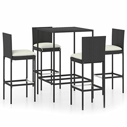 Gartenmöbel-Set mit 4 Esszimmerstühlen und Bartisch, 5-teiliges Bistro-Set mit Kissen, Polyrattan, Gartenbar-Set für Terrasse, Hinterhof, Schwarz