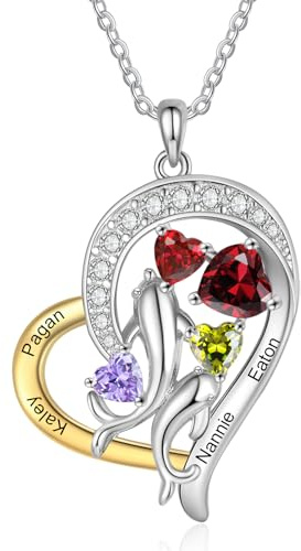 jewelora Collier Personnalisé Pendentif Dauphin de Coeur pour Femme Collier de Nom avec Pierre de Naissance pour Maman épouse Mamie Cadeaux Personnalisé (A-Noms 4)