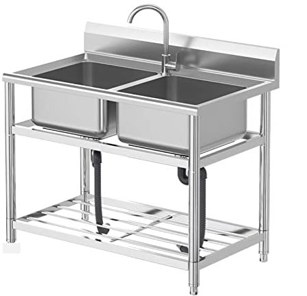 Fregadero de acero inoxidable de doble tazón para exteriores con grifo y estantes de almacenamiento, ideal para uso en interiores y exteriores de grado comercial de restaurante o casa de campo.