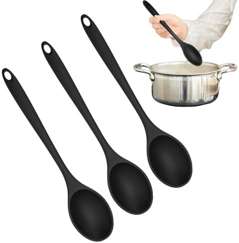 3 Stück Kochlöffel Silikon Rührlöffel, 27.6cm Antihaft Silikonlöffel, Hitzebeständig Langen Griff Silikon Kochlöffel, Silicone Servierlöffel Kunststoff für Küche, Kochen, Backen, Rühren (Schwarz)