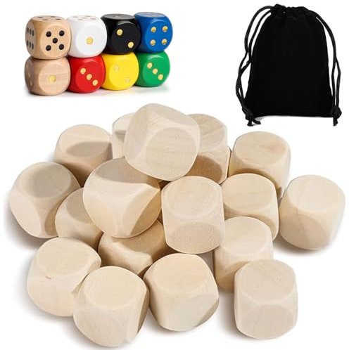 LINGJIA 30 Stück Farbwürfel, 2 * 2cm Entscheidungswürfel, Würfel zum Selbst Gestalten, Holzsieb, Blanko Würfel, Holzwürfel, Unbemalte Würfel, Tasche Mit Kordelzug, DIY Handwerkswürfel