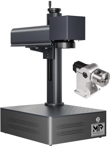 Monport 50W Faserlaser Graviermaschine mit Rotary, 2,5D-Metallgravur mit 0,01 mm Präzision, 10.000 mm/s Schnellgravur, Kompatibel mit LightBurn & BSLcad, Desktop-Lasergravierer für Tassen/Becher Ring