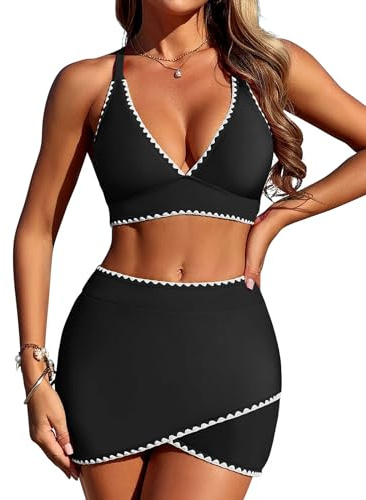 ZAFUL Women's High Waisted Bikini with Skirt Whip Stitch 2 Piece Swimsuits Tummy Control Bathing Suit 0-Black L