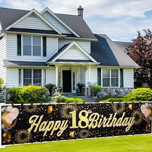 ANOMM 18 Geburtstag Banner, 18.Happy Birthday Banner, Schwarz-Gold Deko | 18 Geburtstag für Männer und Frauen, 18.ter Geburtstagsbanner, Party Hintergrund Garten Wand Tischdekoration im Freien