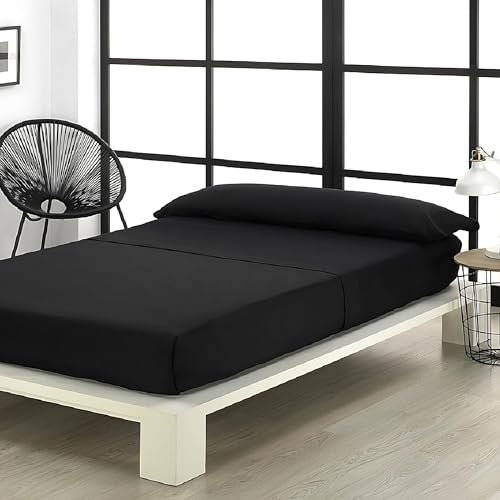 Sábanas 135x190 - Juego de Sábanas 3 Piezas - 100% Microfibra Suave y Transpirable - Sábana Bajera Ajustable, Encimera y Funda Almohada - Ropa de Cama Lisa y Elegante (Negro)